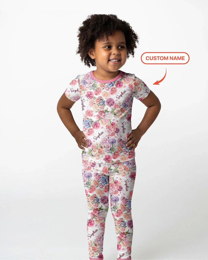 Custom Name Birth Month Flowers Bamboo Two Piece Short Sleeve Pajama Set