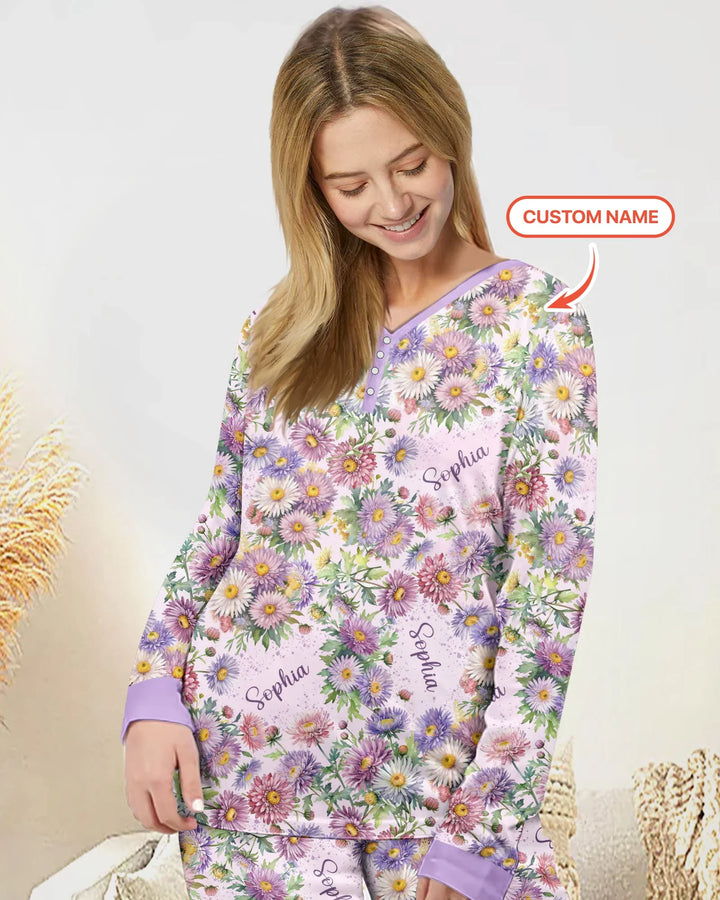 Benutzerdefinierter Name Geburtsmonatsblumen Bambus Damen Schlafanzug-Set