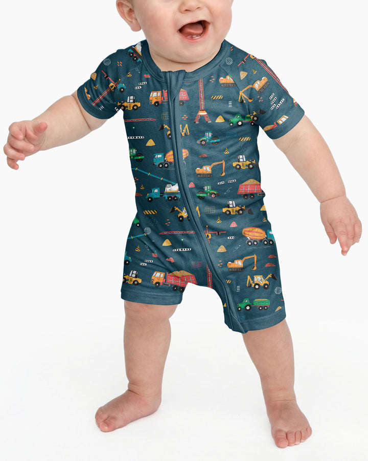 Dark Slate Gray Construction Bamboo Shorty Zippered Romper