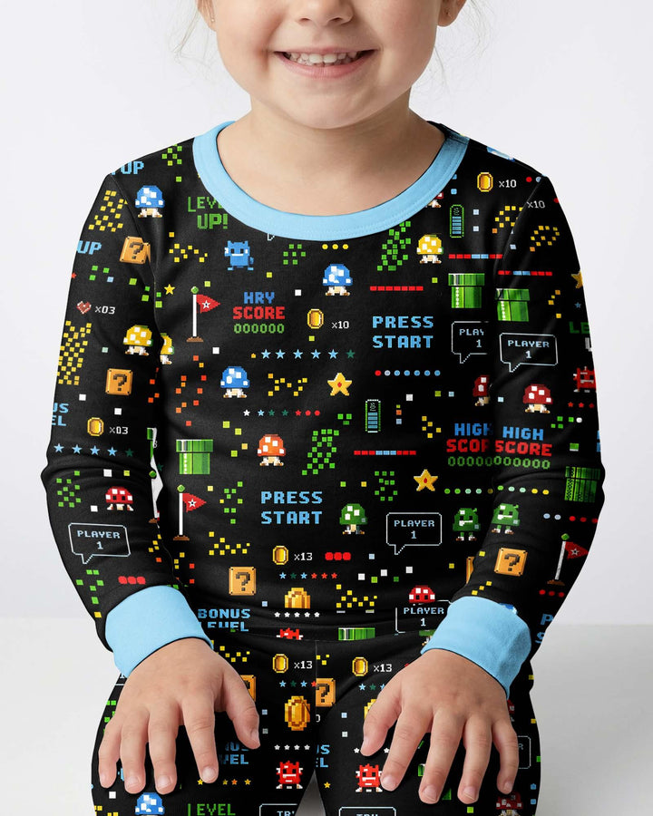 Pijama de dos piezas de manga larga de bambú con motivos de amantes de los videojuegos Pixel