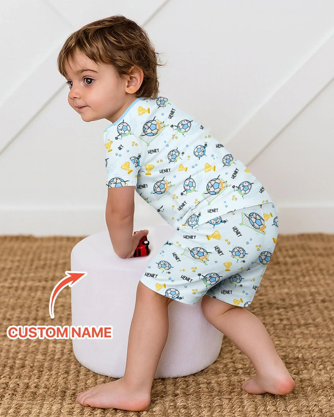 Conjunto de pijama de dos piezas de bambú a juego para papá futbolero, de manga corta y pantalones cortos, con nombre personalizado