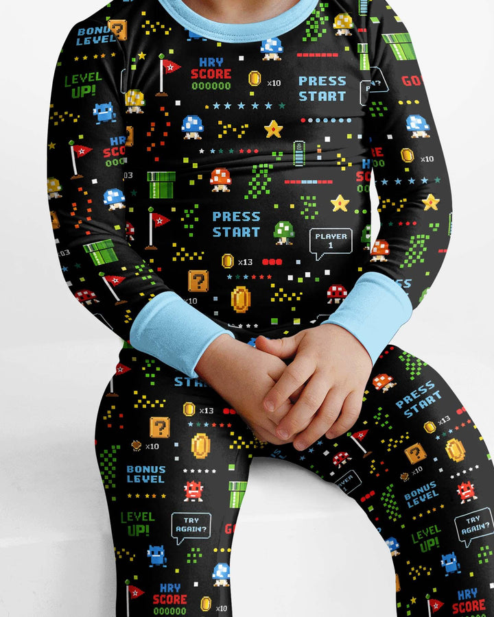 Pijama de dos piezas de manga larga de bambú con motivos de amantes de los videojuegos Pixel