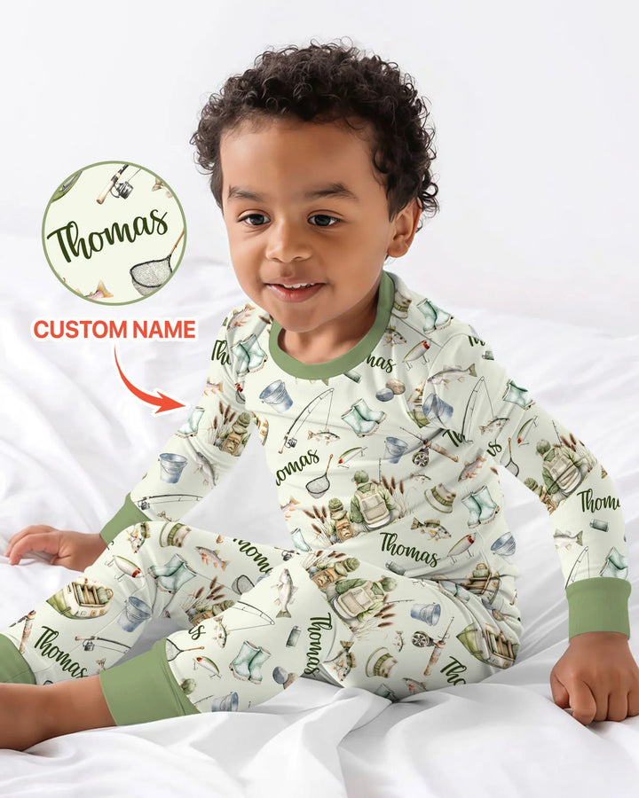 Custom Name Fishing Day Daddy & Me Matching Bamboo Two Piece Long Sleeve Pajama Set