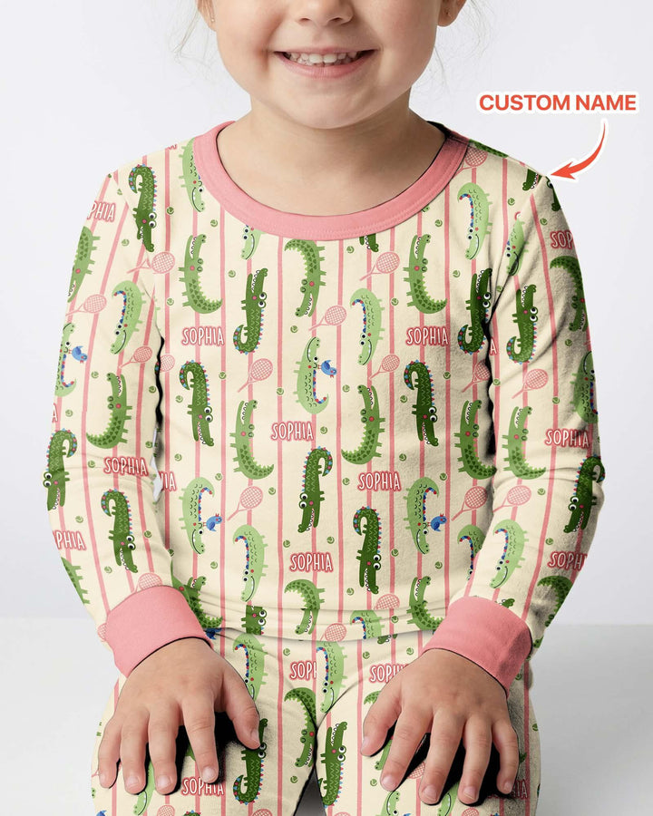 Custom Name Tennis Crocodiles Bamboo Two Piece Long Sleeve Pajama Set
