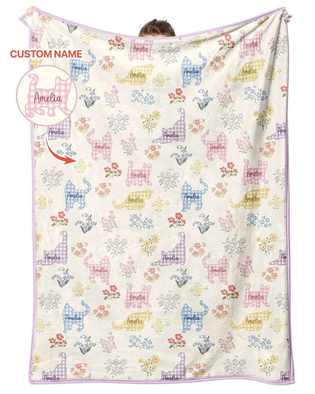 Manta de bambú Gingham Cats con nombre personalizado