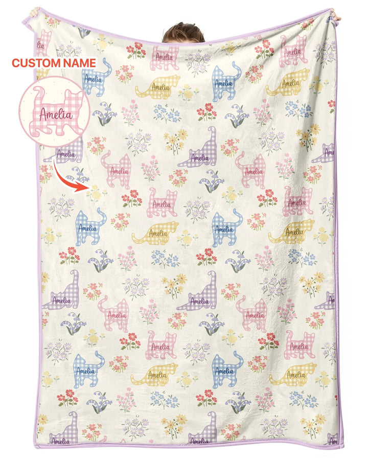 Manta de bambú Gingham Cats con nombre personalizado