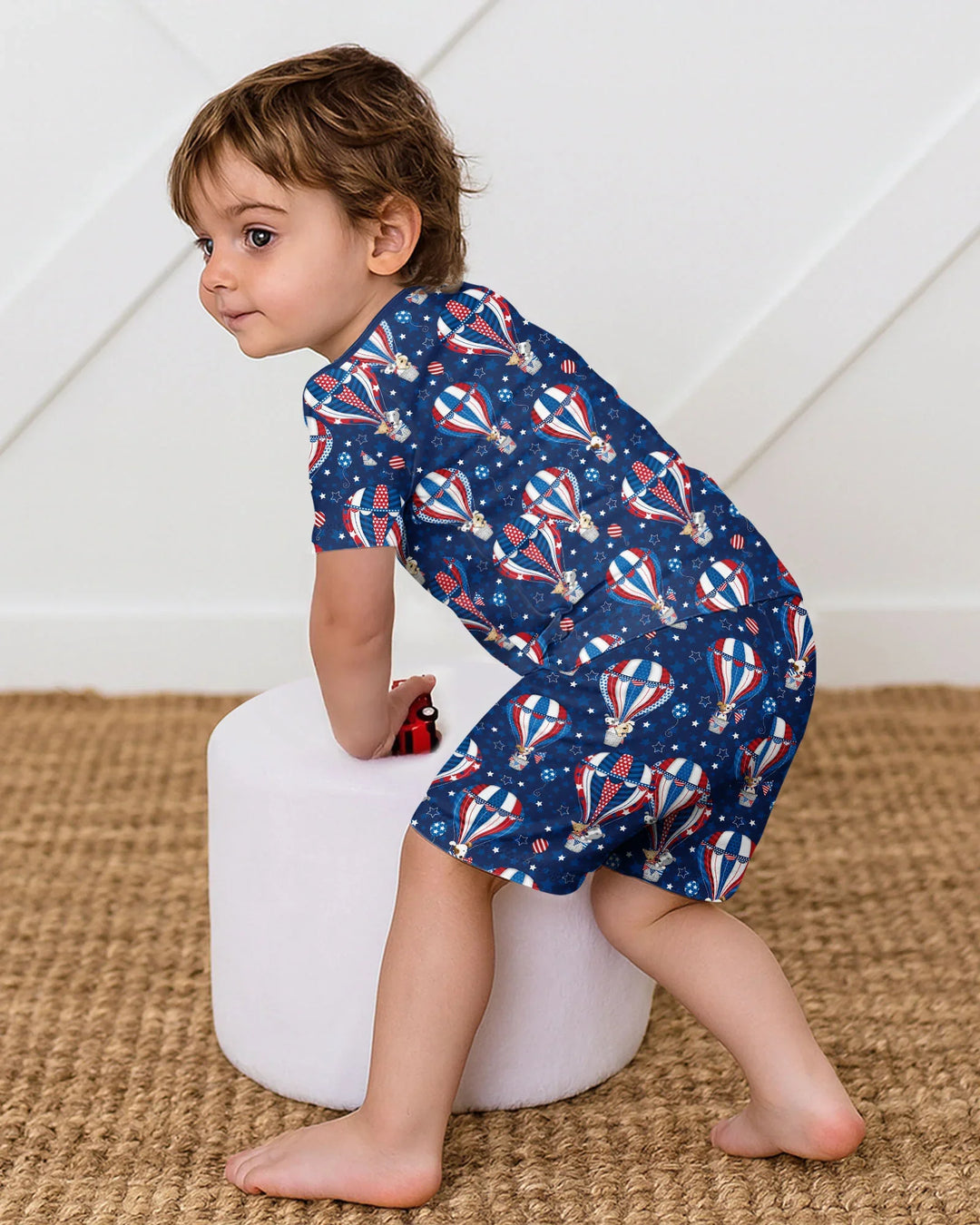 Patriotic Pups in Hot Air Balloons Family Matching Bamboo Two Piece Short Sleeve Shorts Pajama Set