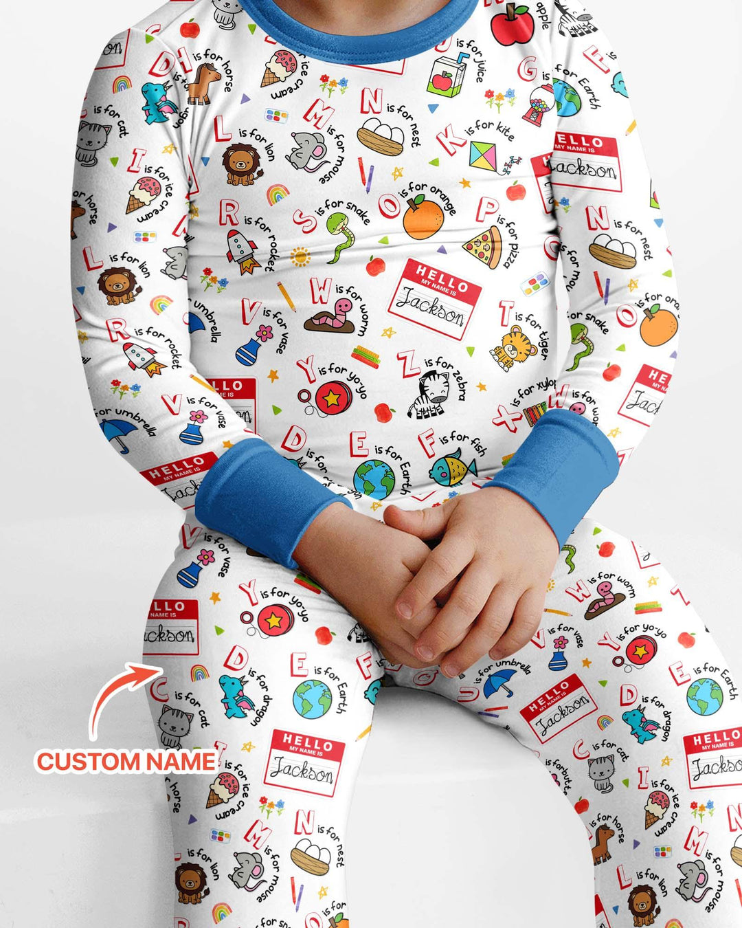 Custom Name Hello School ABCs Bamboo Two Piece Long Sleeve Pajama Set