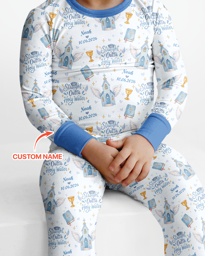Custom Name Baptism Christening Straight Outta Holy Water Bamboo Two Piece Long Sleeve Pajama Set