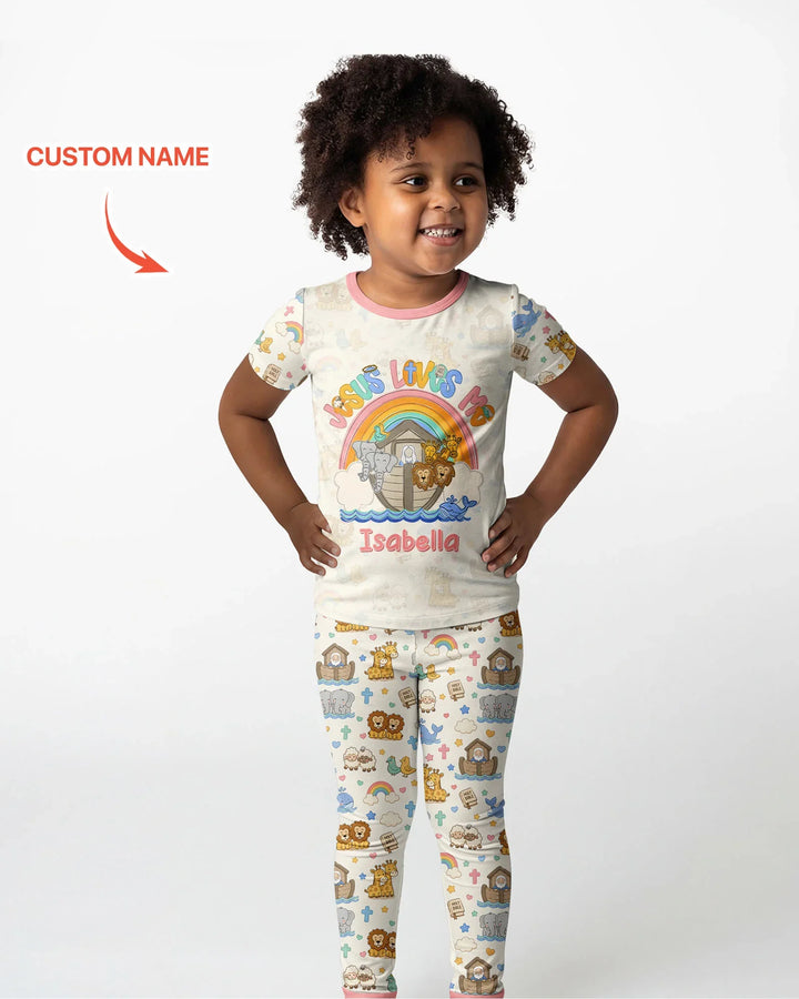 Custom Name Noah's Ark Jesus Loves Me Bamboo Two Piece Short Sleeve Pajama Set