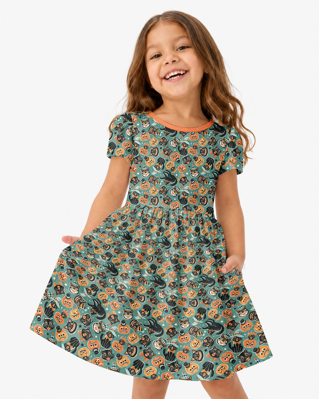 Retro Black Cat Witch Pumpkin Halloween Bamboo Twirl Dress