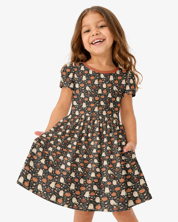 Ghost Pumpkin Harvest Floral Halloween Bamboo Twirl Dress