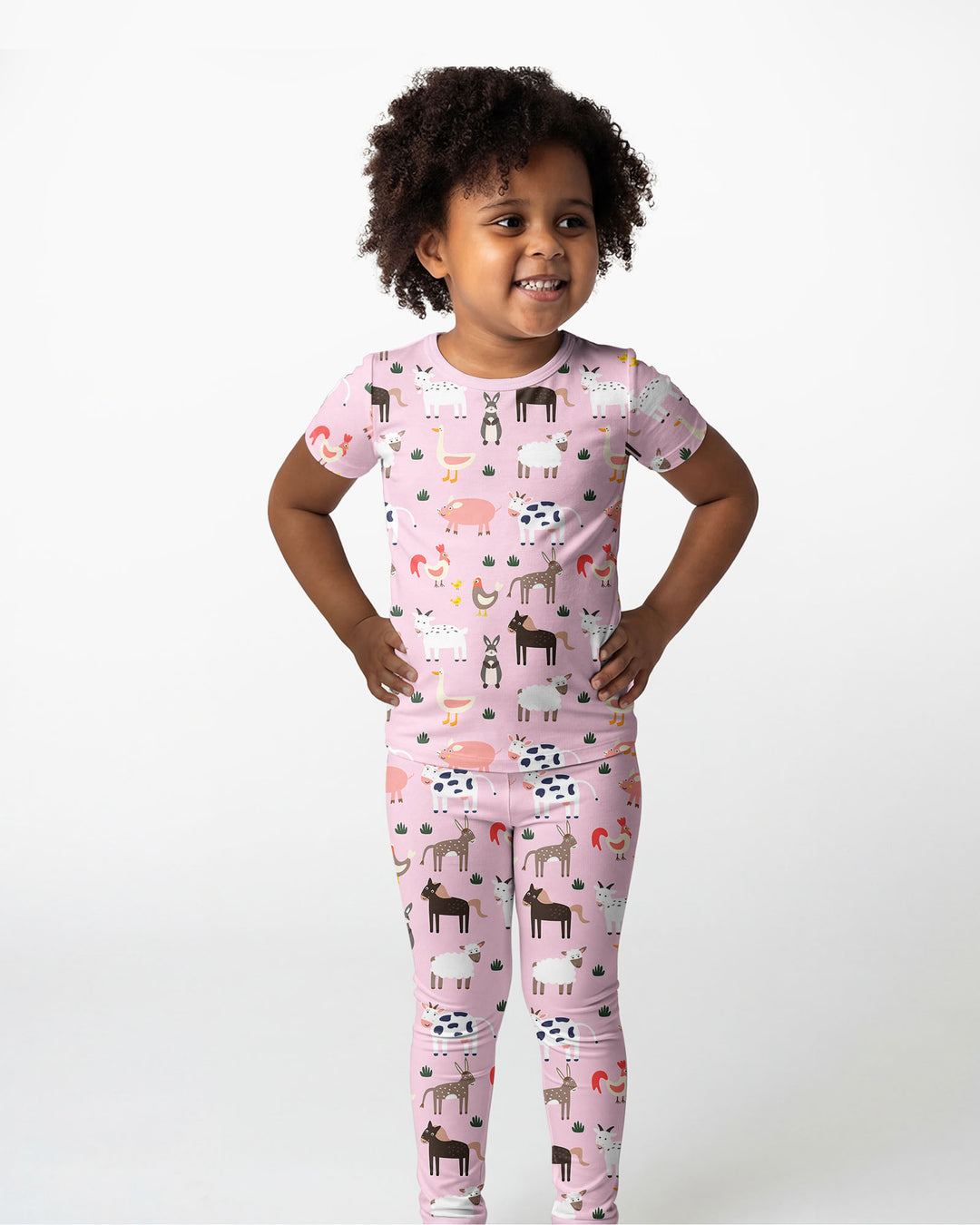 Pink Farm Animals Bamboo Two Piece Short Sleeve Pajama Set