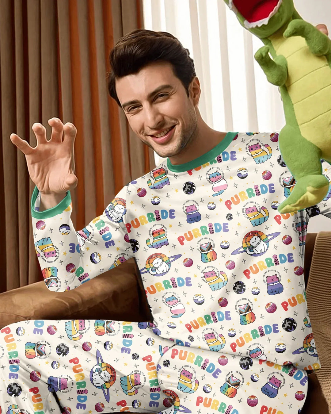 Rainbow Space Cats Family Matching Bamboo Men's Pajama Set