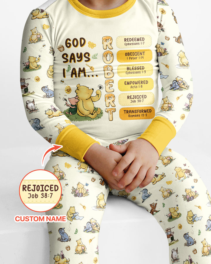 Personalized God Says I Am – Beloved Bear Bamboo Two Piece Long Sleeve Pajama Set