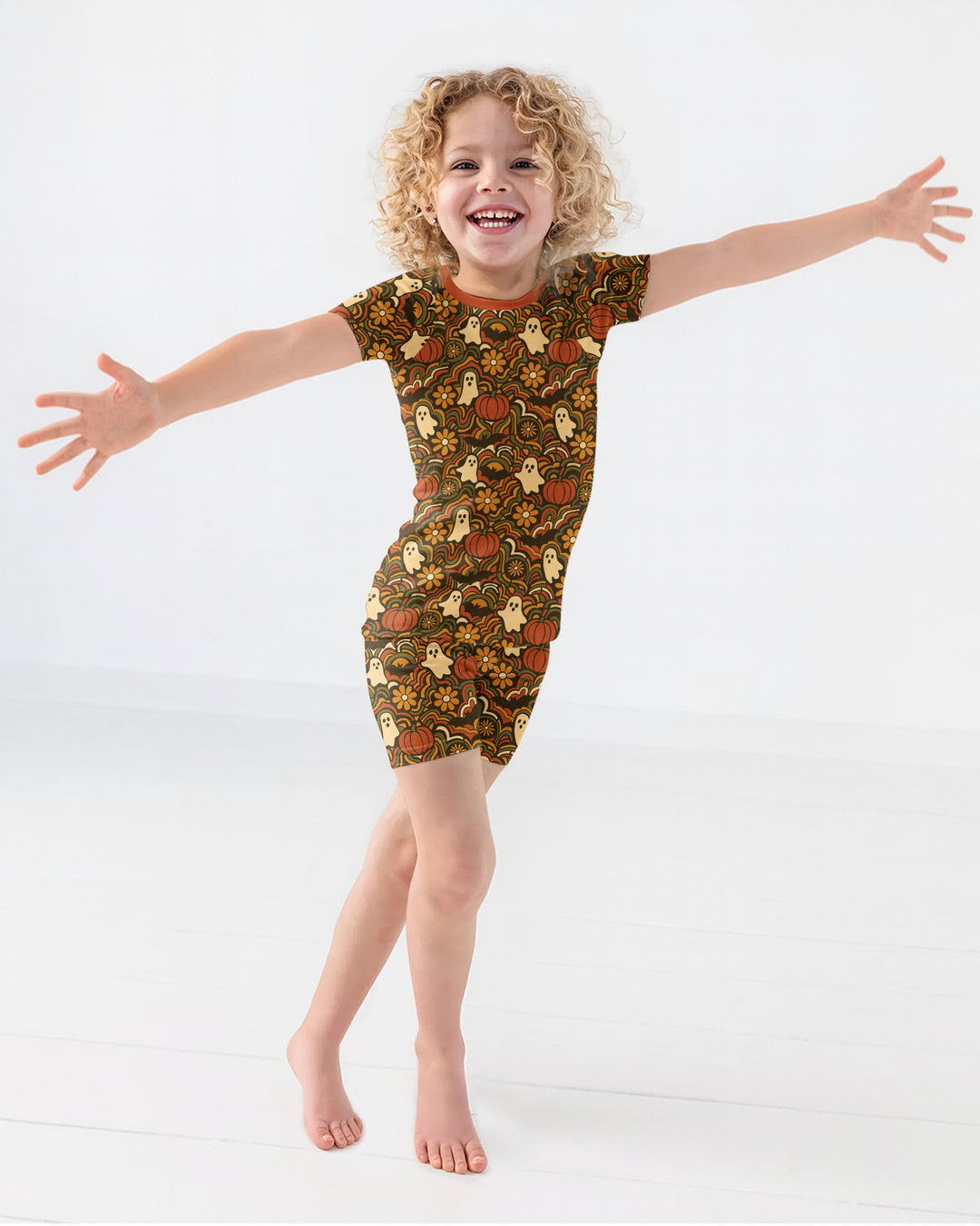 Retro Halloween Ghost Pumpkin Floral Bamboo Two Piece Short Sleeve Shorts Pajama Set