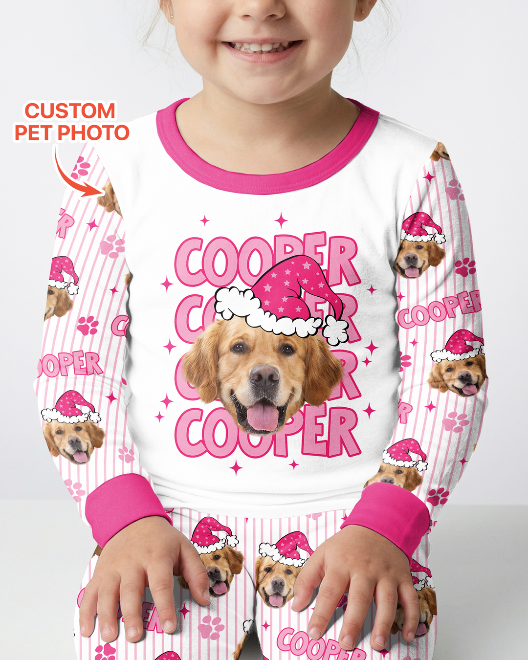 Personalized Pink Santa Dog Bamboo Two Piece Long Sleeve Pajama Set
