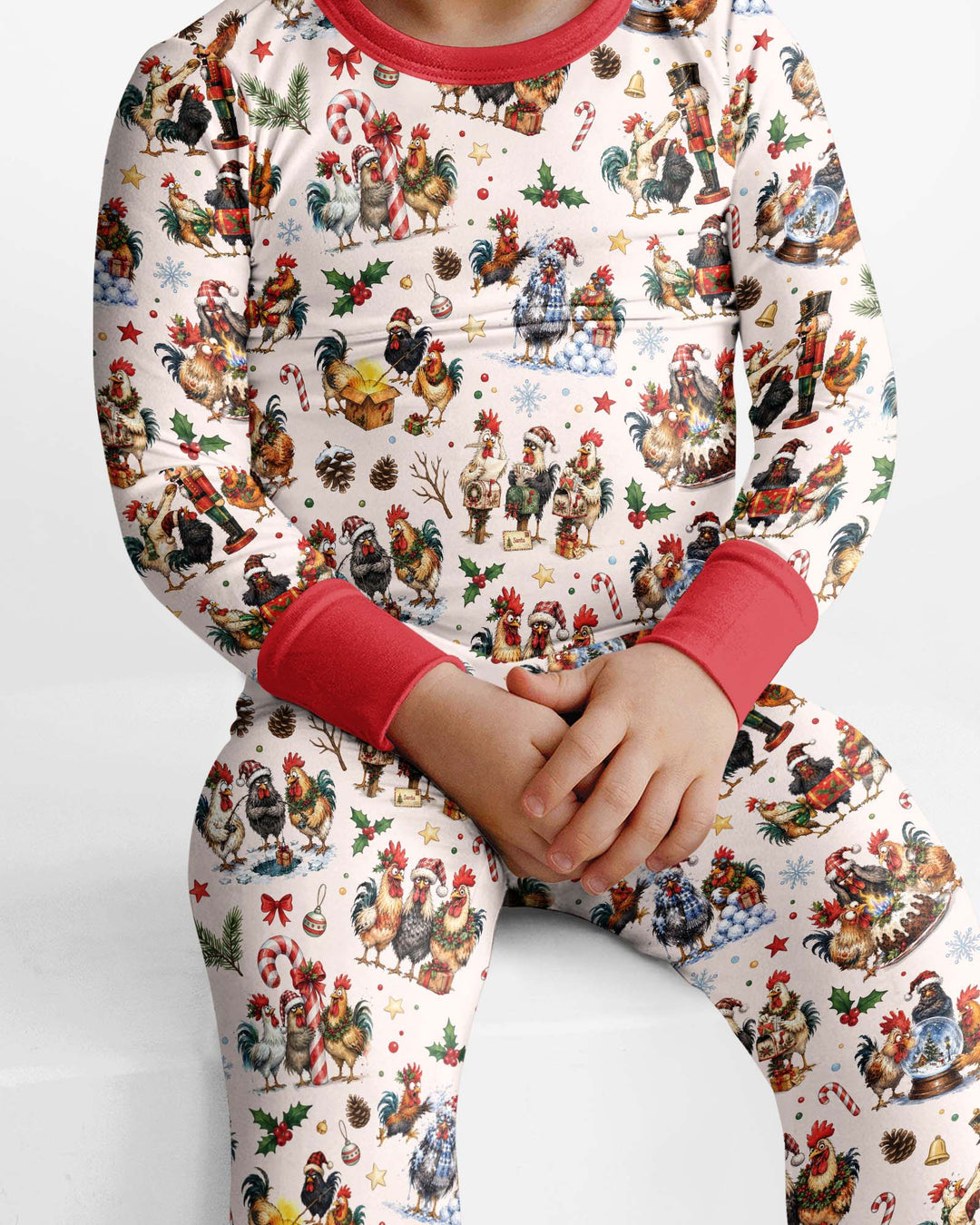 Funny Roosters On Christmas Bamboo Two Piece Long Sleeve Pajama Set