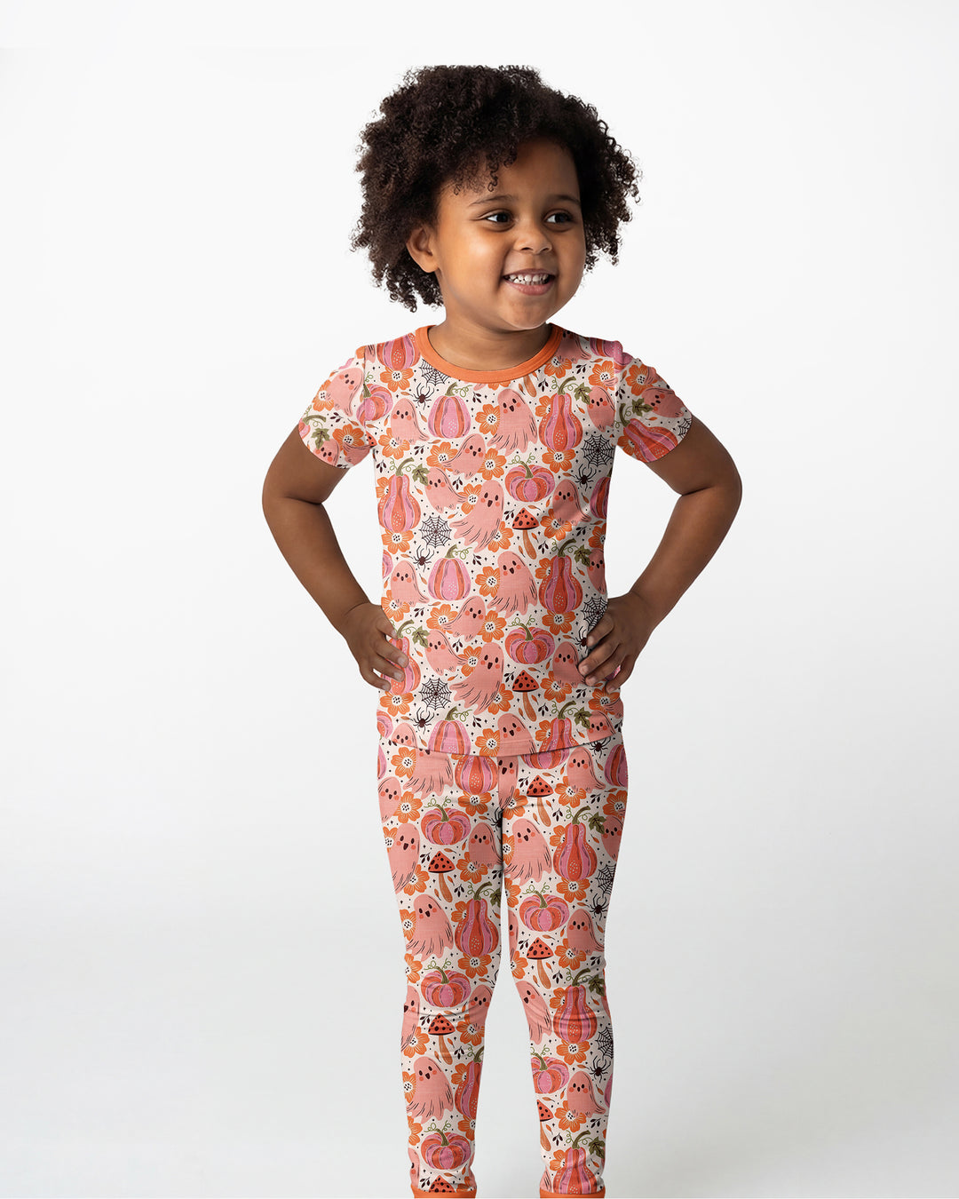 Pink Ghost Pumpkin Fall Floral Halloween Bamboo Two Piece Short Sleeve Pajama Set
