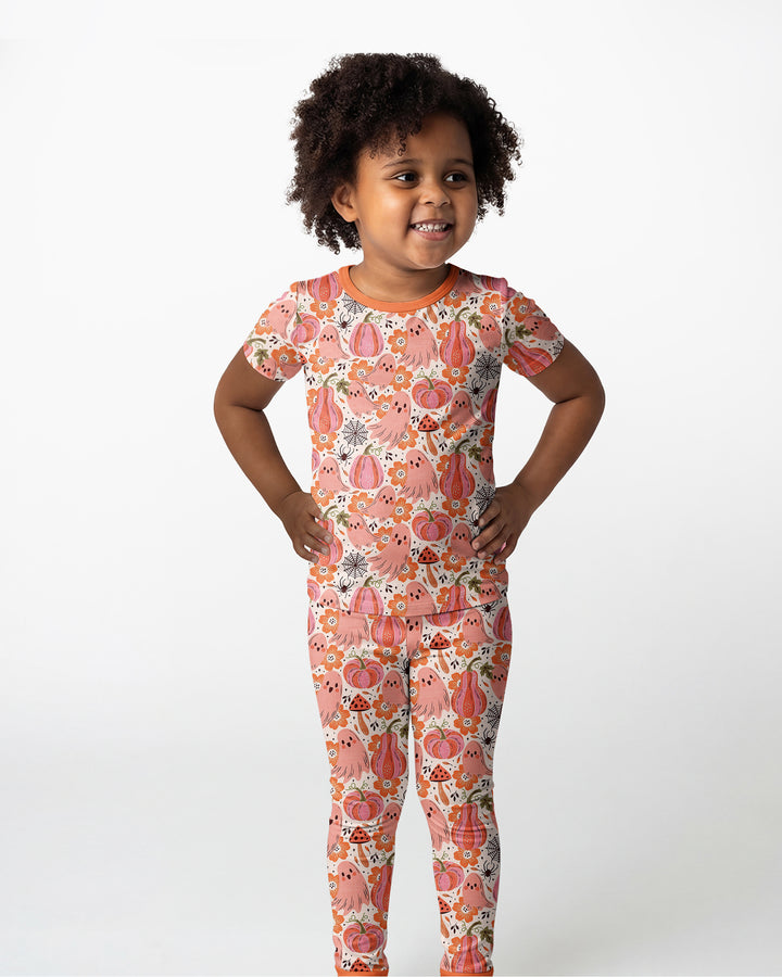 Pink Ghost Pumpkin Fall Floral Halloween Bamboo Two Piece Short Sleeve Pajama Set