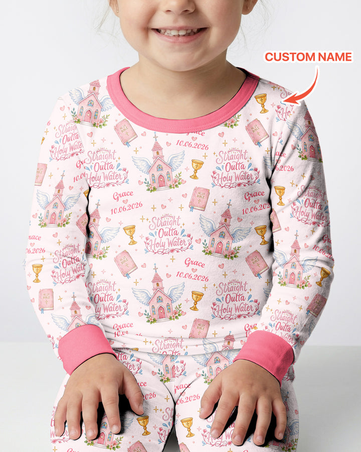 Custom Name Baptism Christening Straight Outta Holy Water Bamboo Two Piece Long Sleeve Pajama Set