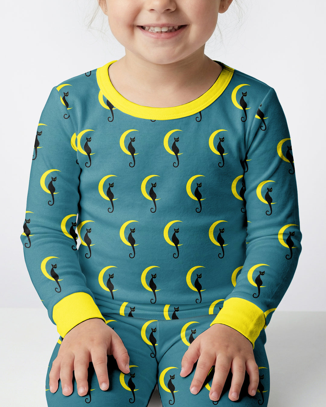 Black Cat Crescent Moon Celestial Night Bamboo Two Piece Long Sleeve Pajama Set