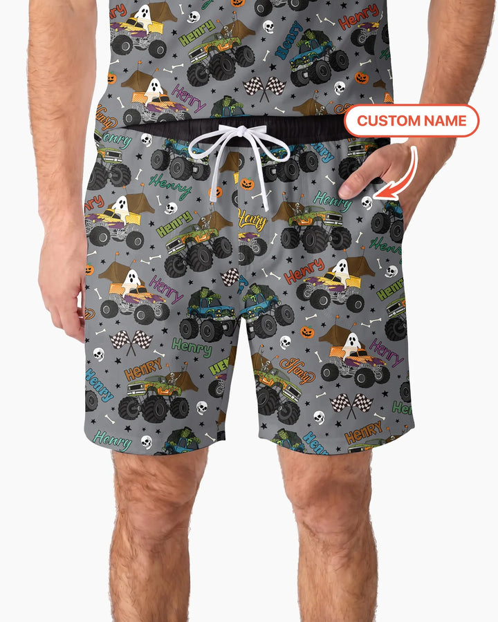 Custom Name Halloween Creepy Crusher Family Matching Bamboo Men Short Sleeve Short Pajama Set