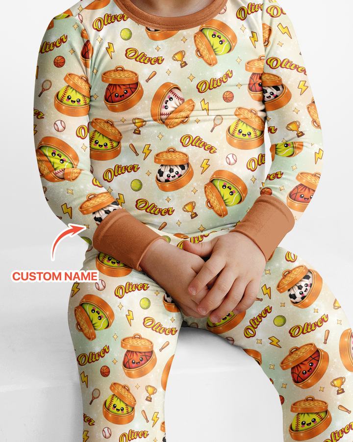 Custom Name Sports Dumpling Bamboo Two Piece Long Sleeve Pajama Set