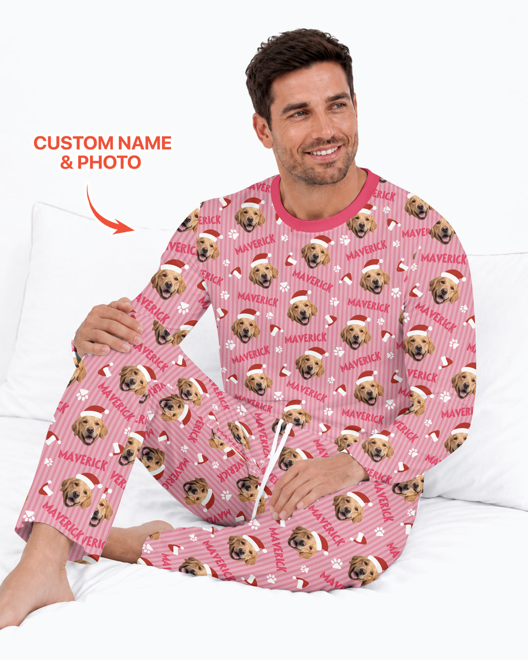Custom Pet Photo Christmas Paws Stripe Bamboo Men's Pajama Set