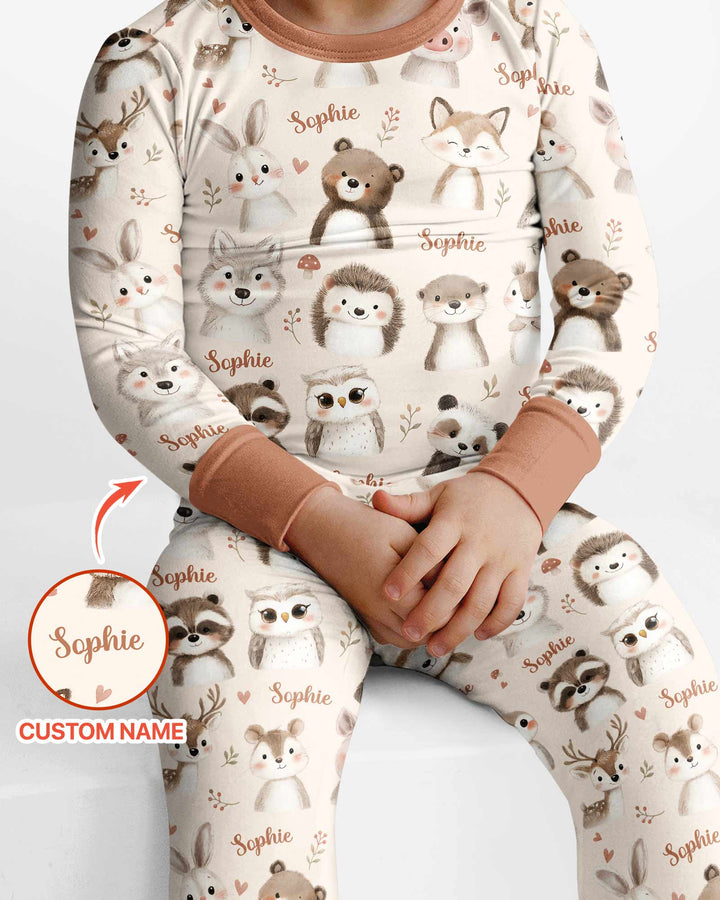 Custom Name Watercolor Woodland Bamboo Two Piece Long Sleeve Pajama Set