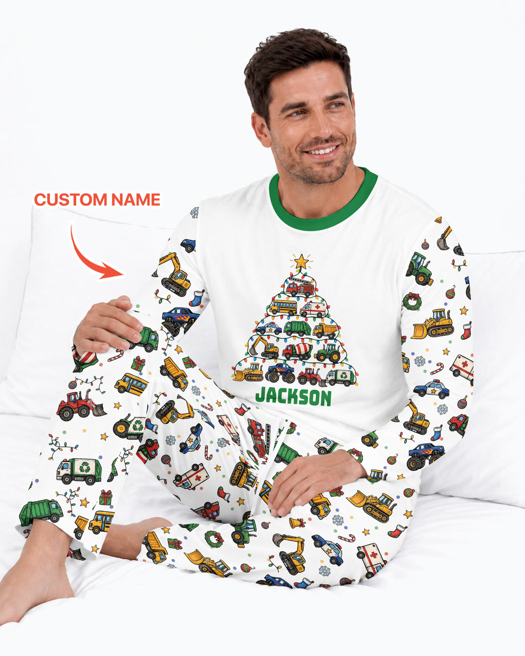 Custom Name Little Trucks Christmas Tree Bamboo Men's Pajama Set