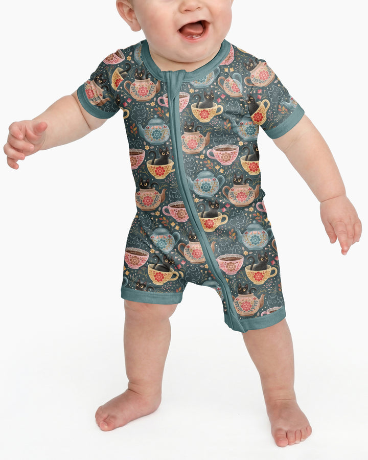 Folk Floral Black Cat Tea Party Bamboo Shorty Zippy