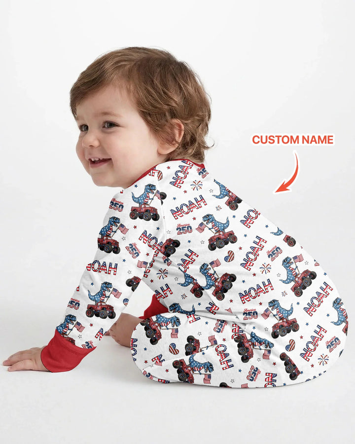 Custom Name American Flag Dinosaur Bamboo Convertible Zippy