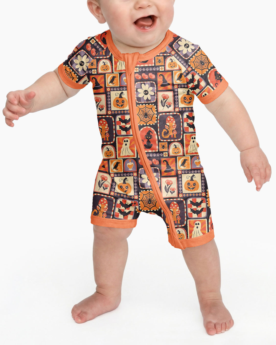 Retro Halloween Patchwork Icons Bamboo Shorty Zippy