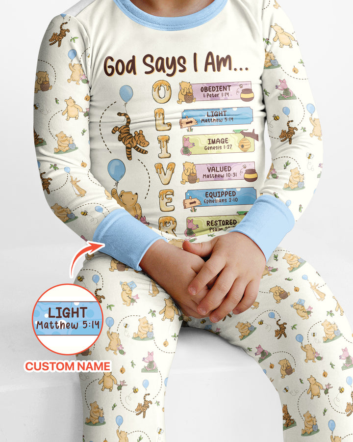 God Says I Am - Blessing Bear Bamboo Two Piece Long Sleeve Pajama Set