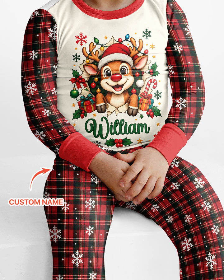 Cute Reindeer in Santa Hat Bamboo Two Piece Long Sleeve Pajama Set
