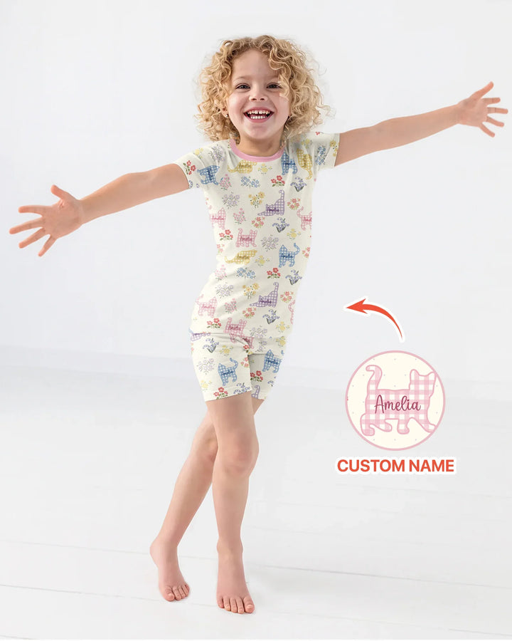 Gingham Cats Custom Name Bamboo Two Piece Short Sleeve Shorts Pajama Set