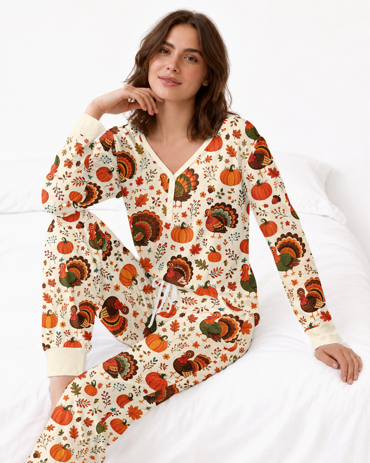 Turkey Autumn Pumpkin Bamboo Women Pajama Set
