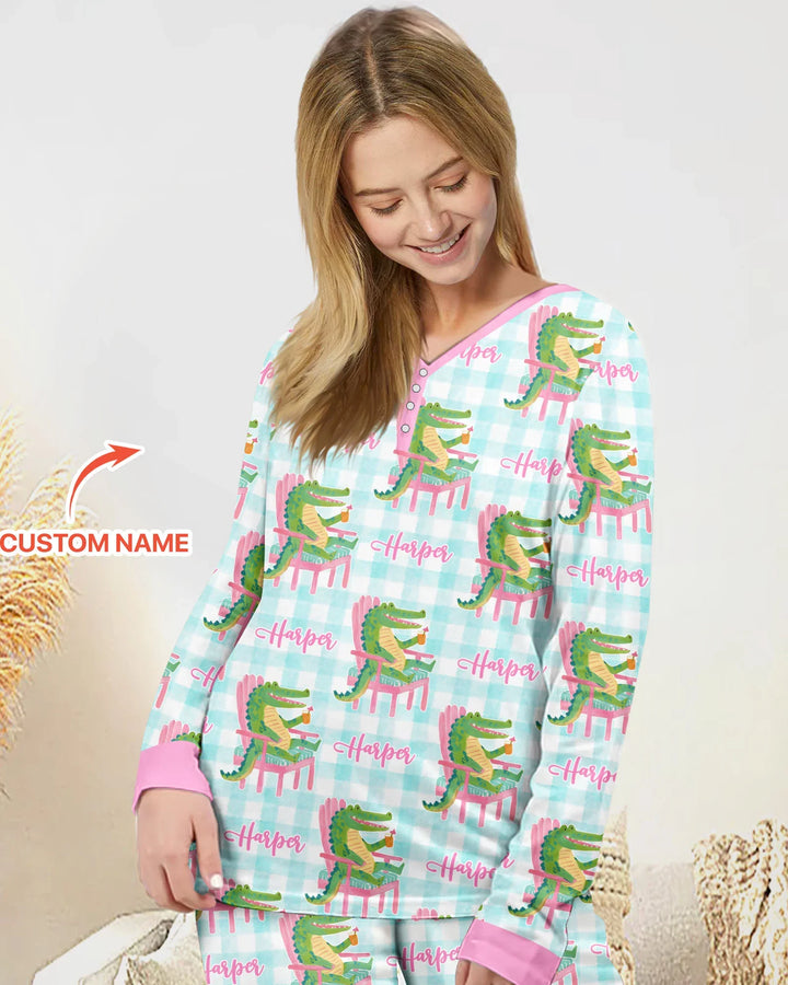 Custom Name Preppy Later Gator Bamboo Women Pajama Set