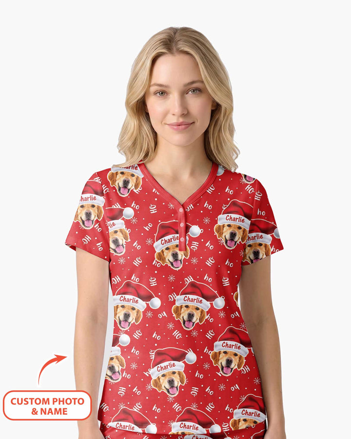Custom Dog Photo Santa Claus Bamboo Women Short Sleeve Short Pajama Set