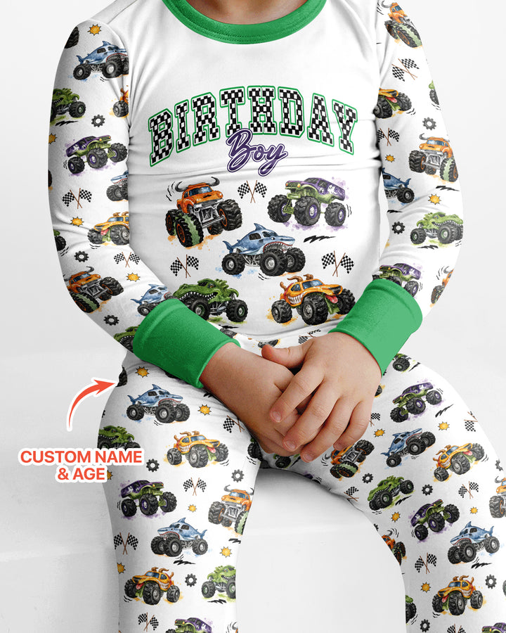 Personalized Monster Truck Birthday Bamboo Two Piece Long Sleeve Pajama Set