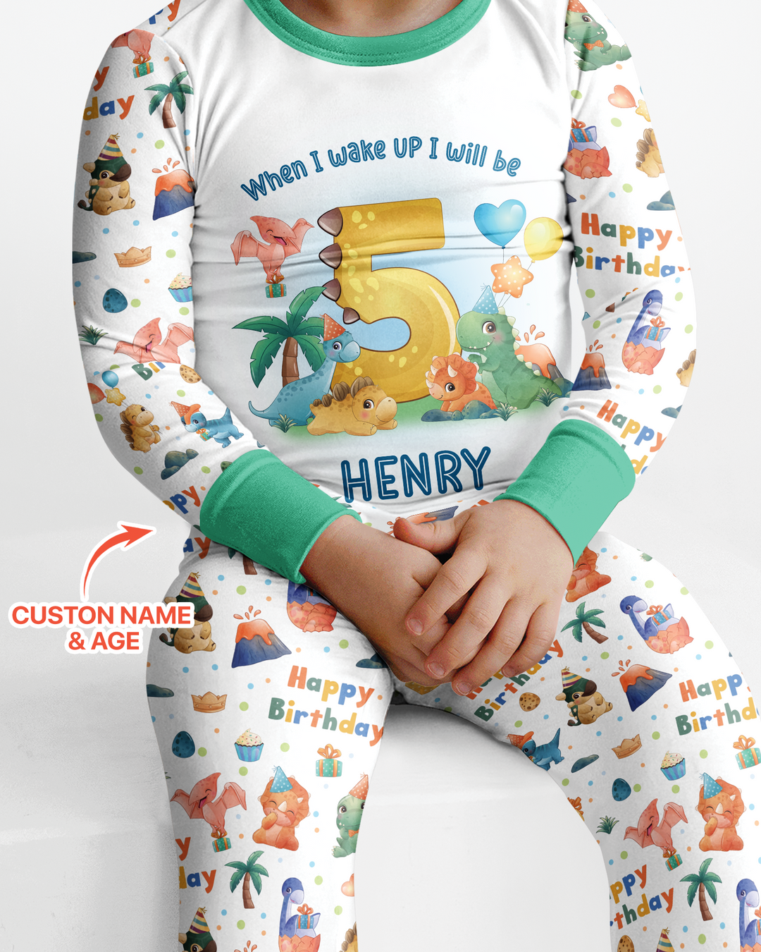Custom Name When I Wake Up Birthday Dino Bamboo Two Piece Long Sleeve Pajama Set