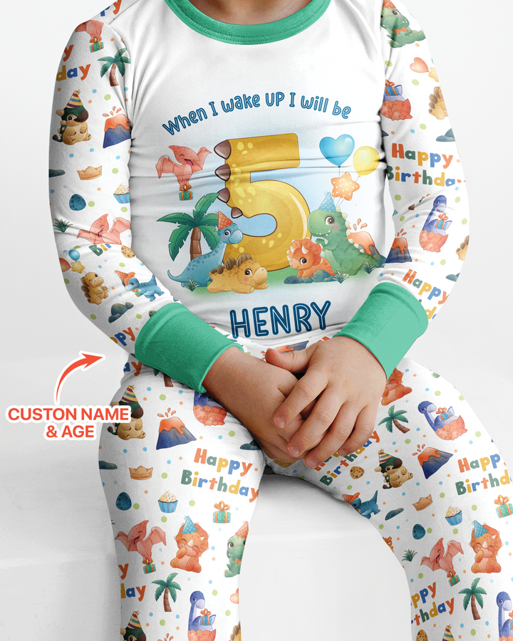 Custom Name When I Wake Up Birthday Dino Bamboo Two Piece Long Sleeve Pajama Set