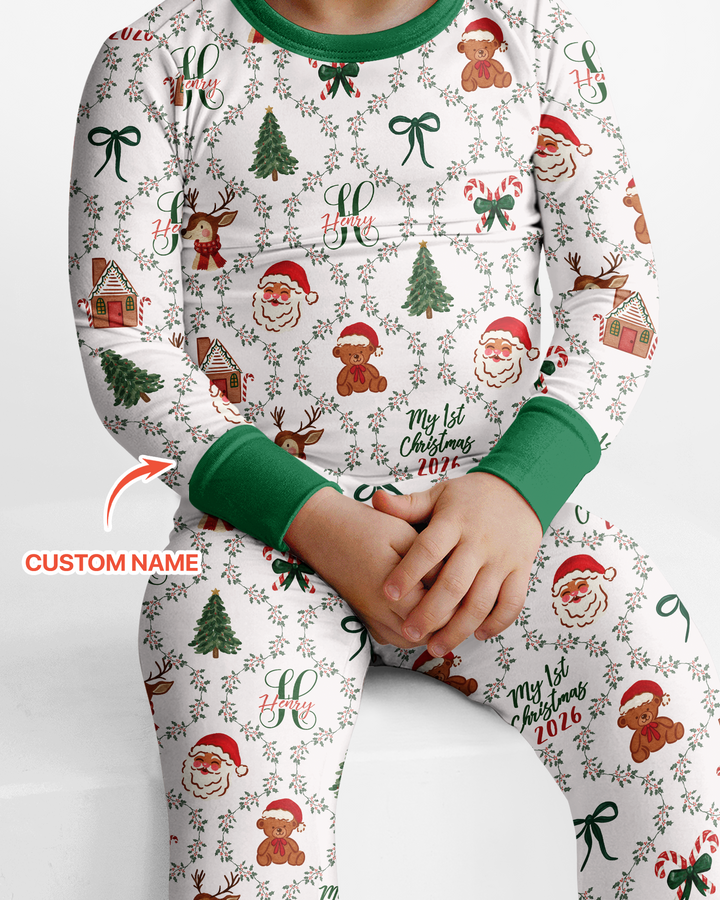 Custom name "Fancy Monogram Green Christmas 2026" Bamboo Two Piece Long Sleeve Pajama Set