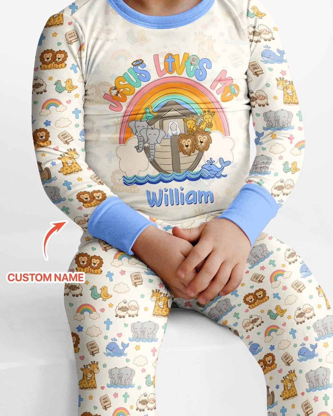 Custom Name Noah's Ark Jesus Loves Me Bamboo Two Piece Long Sleeve Pajama Set