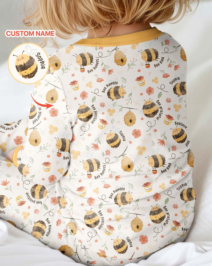 Mameluco convertible de bambú con cremallera y nombre personalizado Bee Kind