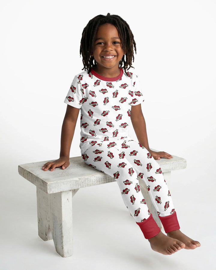 Old School Dad Hearts Daddy & Me Matching Bamboo Two Piece Short Sleeve Pajama Set