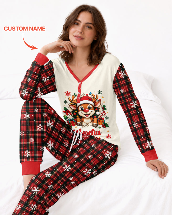 Cute Reindeer in Santa Hat Bamboo Women Pajama Set