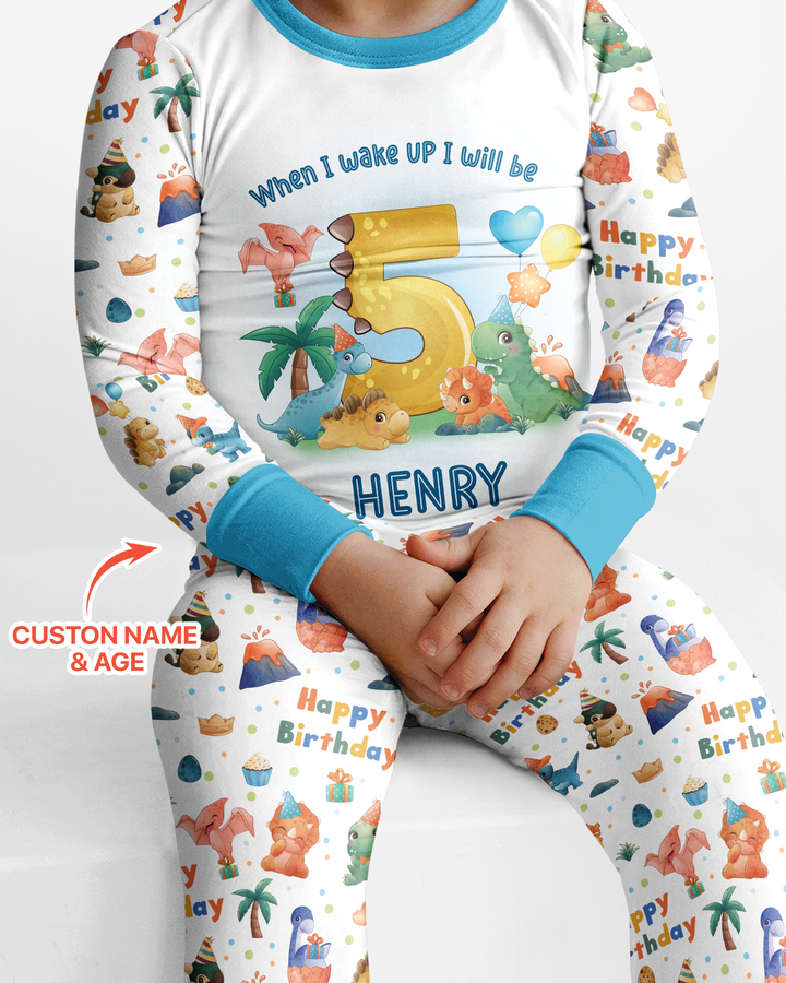Custom Name When I Wake Up Birthday Dino Bamboo Two Piece Long Sleeve Pajama Set