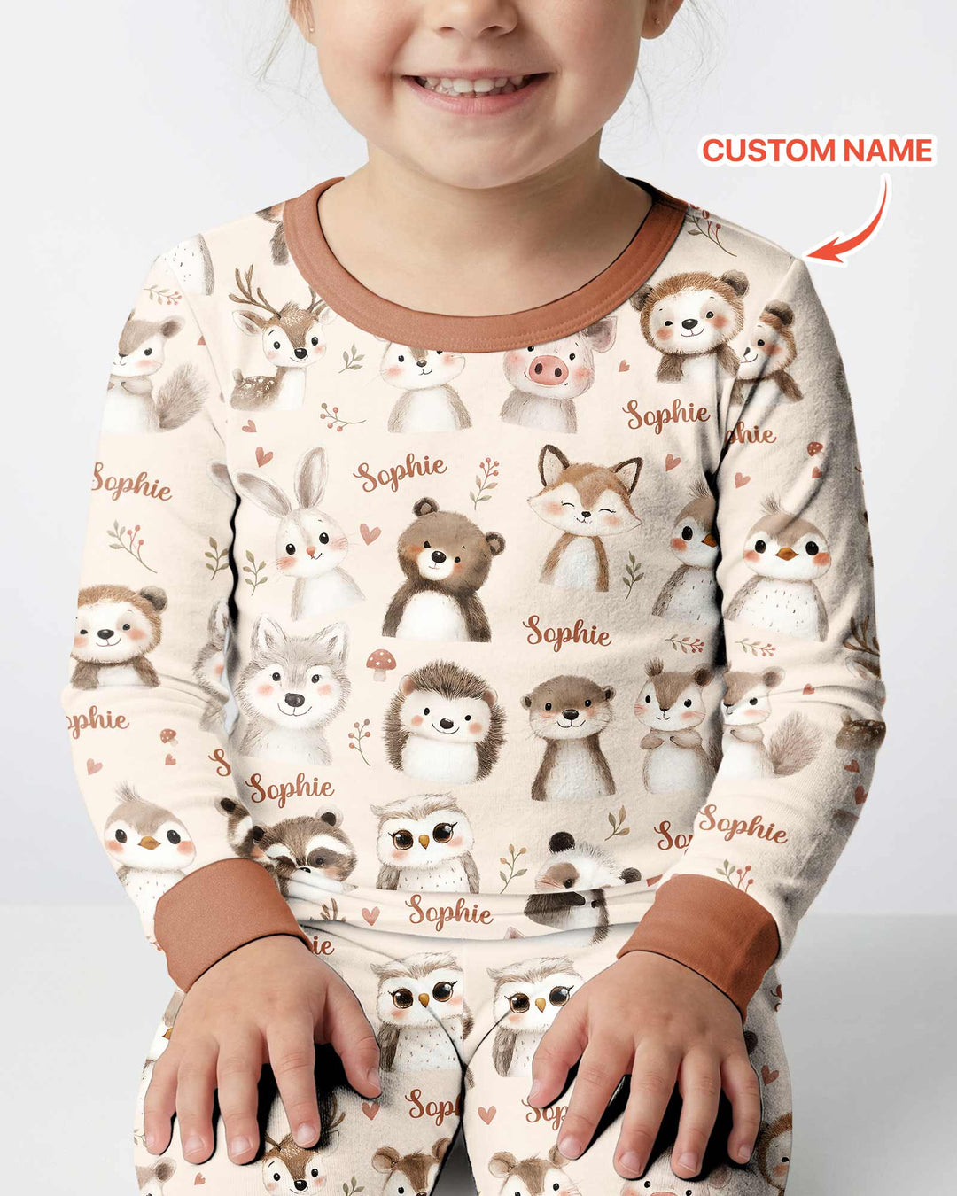 Custom Name Watercolor Woodland Bamboo Two Piece Long Sleeve Pajama Set
